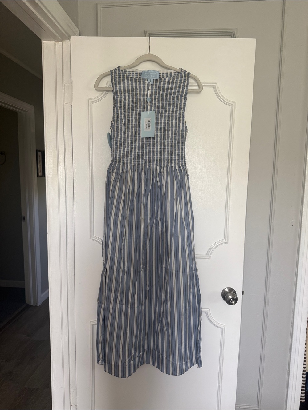 Hill House Blue and White Striped Smocked Maxi Dress